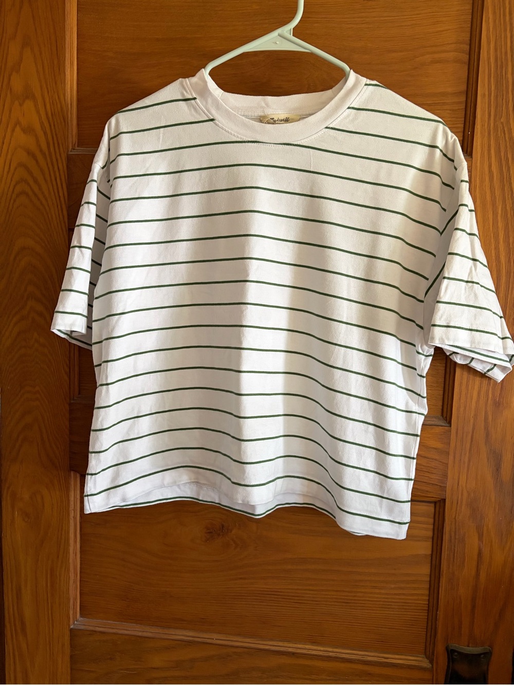 Madewell Boxy White Tee with Green Stripes